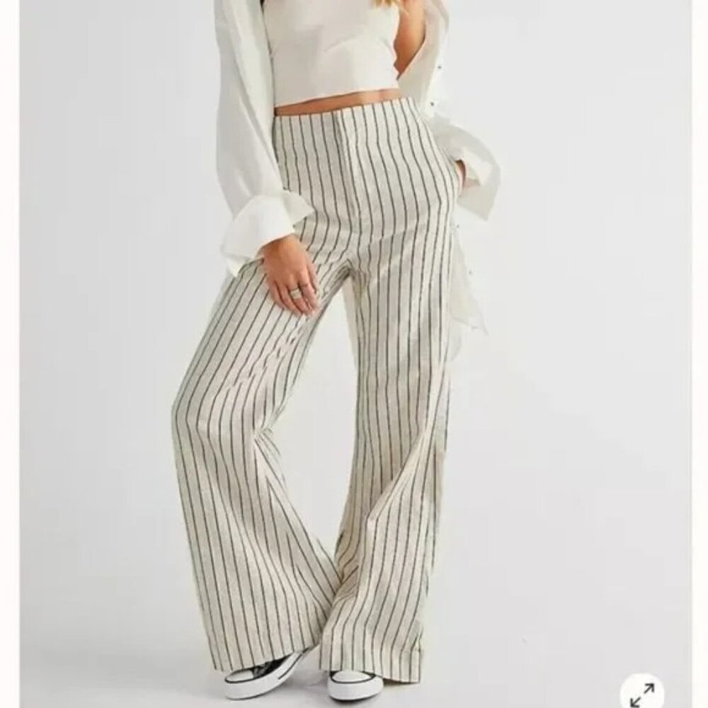 Free People Womens Star Of Wonder Striped Brown Wide-Leg Pants Medium - Picture 15 of 16